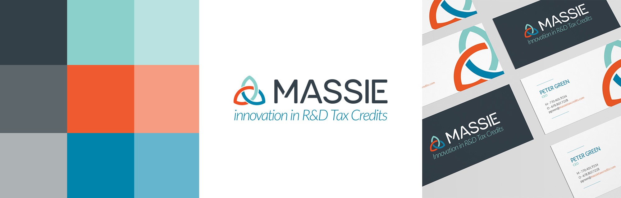 image of new massie logo, color pallet, and business cards